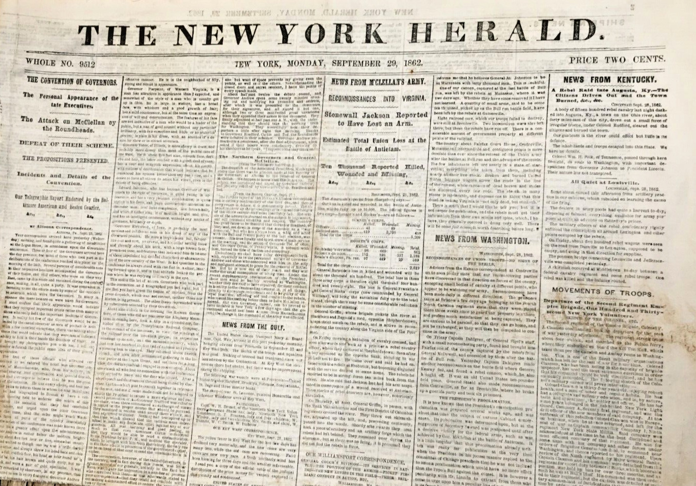 1862 Civil War New York Herald Newspaper dated Sept. 29, 1862