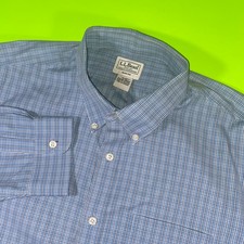 LLBean Mens Slim Fit Button Down Shirt Blue Plaid Long Sleeve Cotton Size 17 34