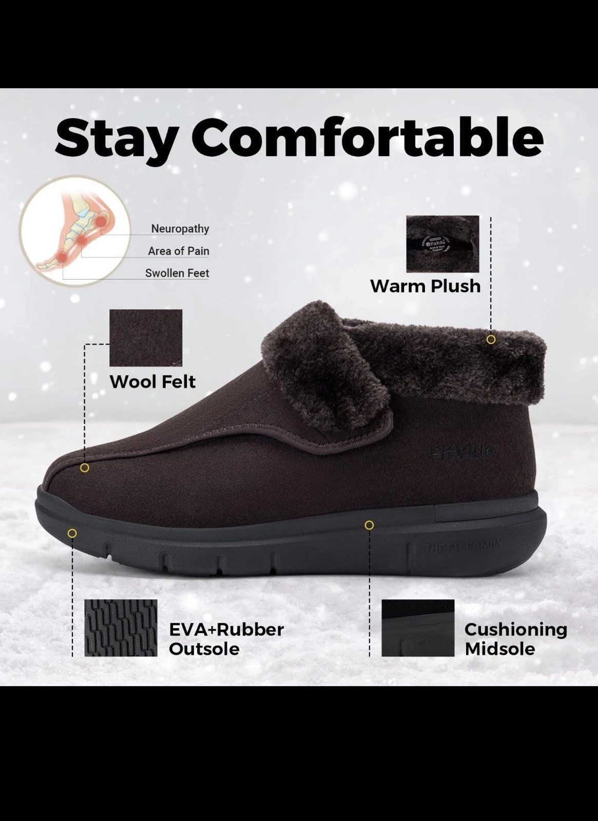 FitVille Mens Wide Fit Diabetic Winter Snow Boots Easy Top UK13 Brown US5