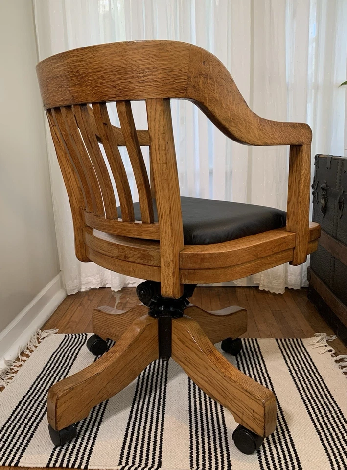 vintage TIGER OAK swivel tilt adjustable rolling banker/lawyer/office ARMCHAIR - Image 4 of 4