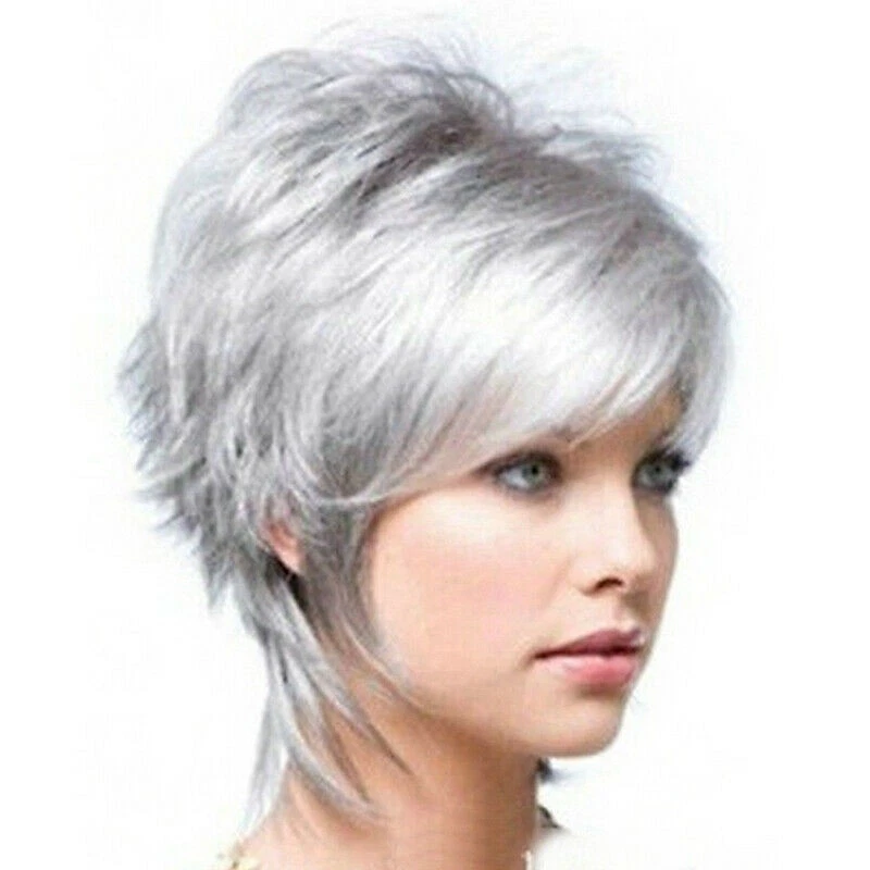 Peluca Completa Natura para Mujer Corta Gris Plateado Pelucas de Pelo Sintéticas para Damas Foto 2 de 4