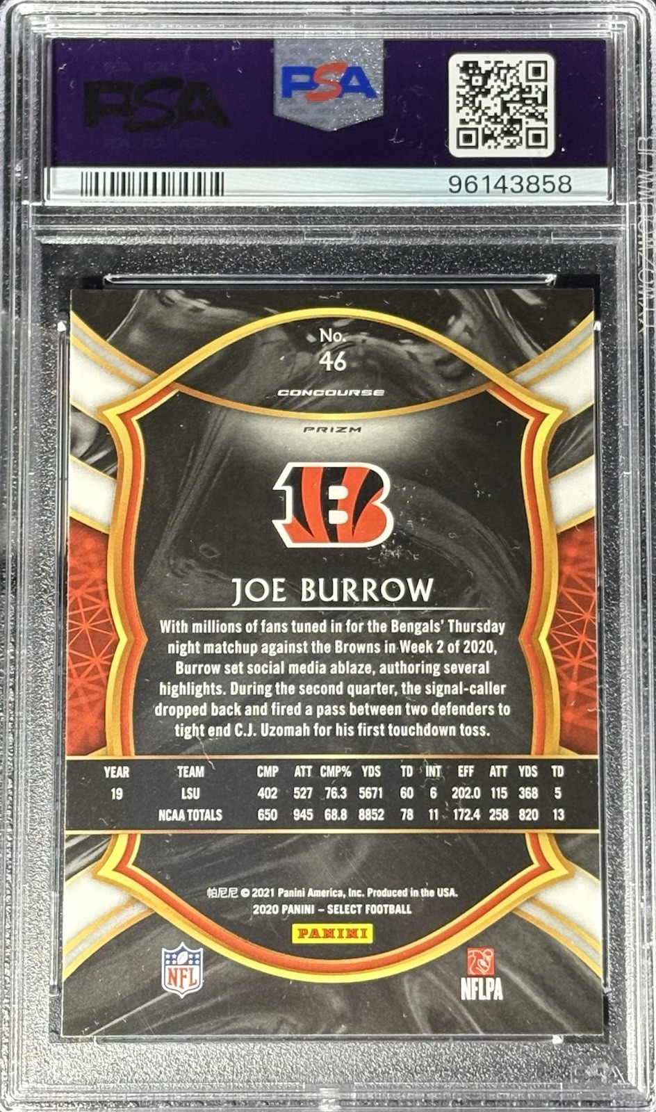 Joe Burrow 2020 Panini Select Silver Prizm Rookie Card RC PSA 10 Rare SP view 2