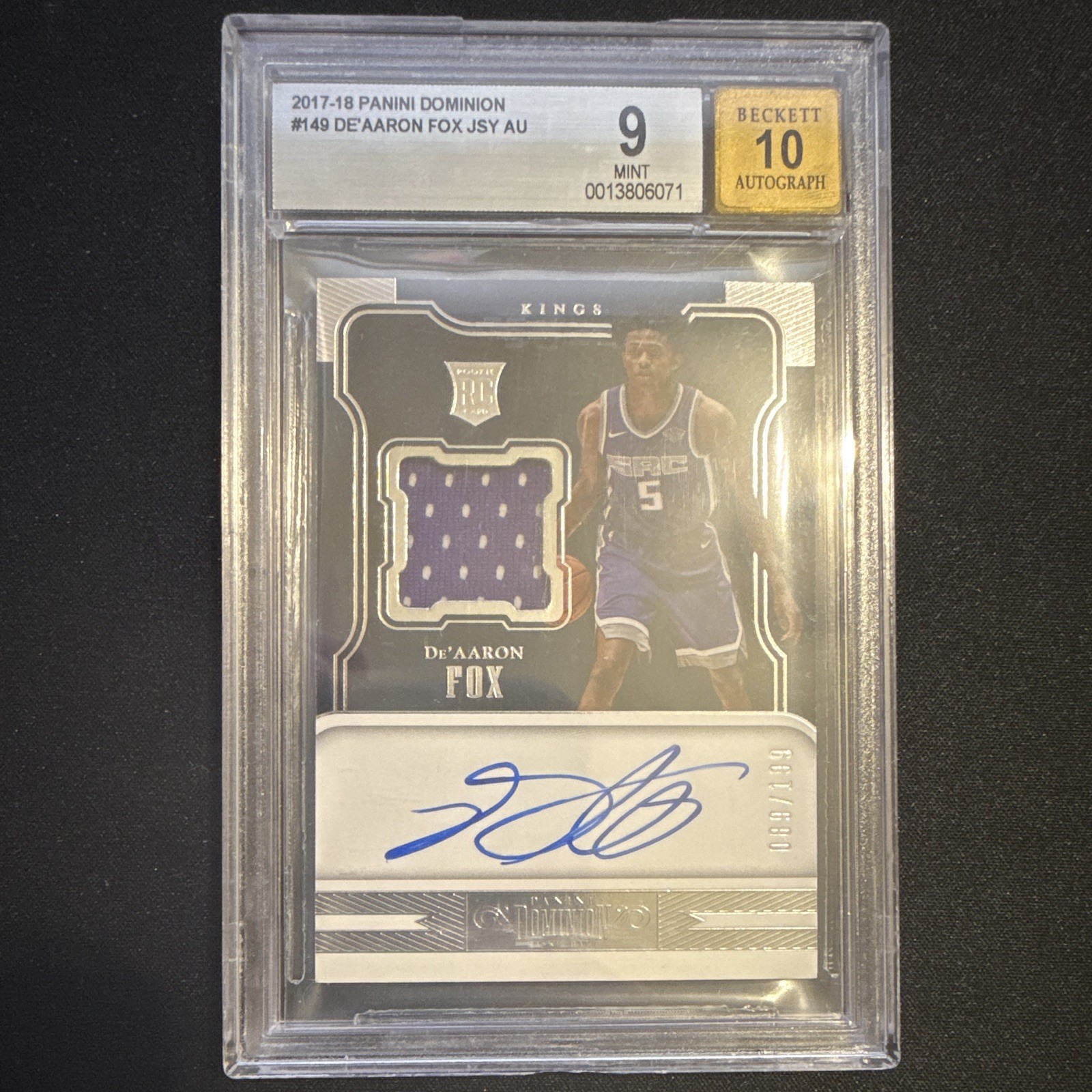 Panini Dominion 2017-18 De'Aaron Fox RC RPA Signed Jersey Auto 10 BGS 9 /199 view 1