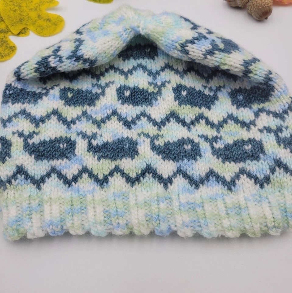 Sombrero Tejido a Mano Hecho a Mano Niño 3T Unisex Gorro Azul BALLENAS Náutico KT0012 Foto 2 de 4