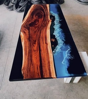 Ocean River Epoxy Live Edge Dining Table   Handmade Resin Wood Table