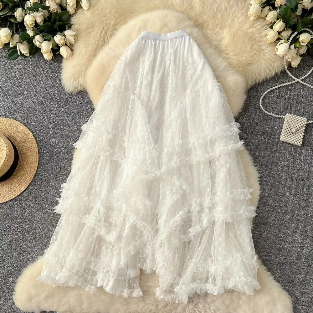 Falda De Tul Melocotón Larga Con Volantes Irregulares Elegante Femenina CF58918