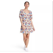 Rixo for Target Floral Puff Sleeve Button Front Mini Dress White Red Blue Sz 12