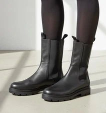 Fabio Rusconi Black Leather Lug Sole Mid Calf Boots EU 39 US 9 UK 6 Italy