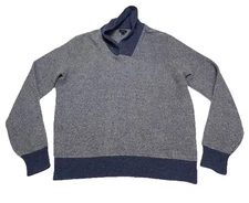 Mens Large J Crew Blue Wool Pull Over Shawl Collar Bird Eye Sweater