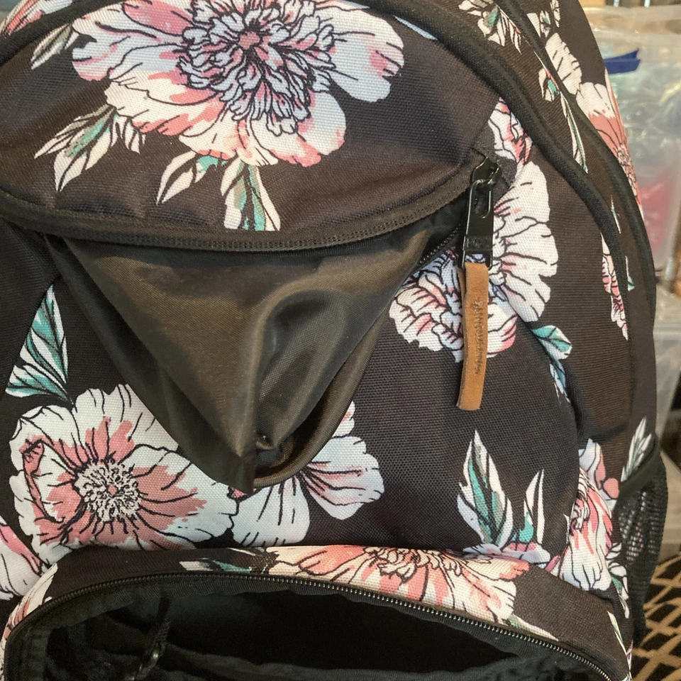 Рюкзак Roxy цветочный черный с розовым вихрем и зеленый большой 4 молнии снаружи - Изображение 2 из 4