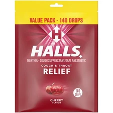 Halls Relief Cherry Cough Drops, 140 Count, Cold & Sore Throat Relief, Menthol