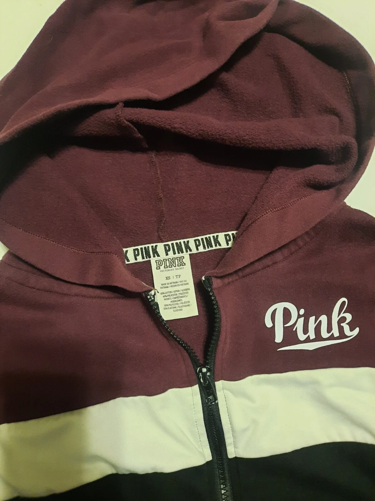UNDERCOVER Victoria's Secret ROSA Felpa con Cappuccio e Zip Color Block Marrone Bianco Nero XS Love Pink
