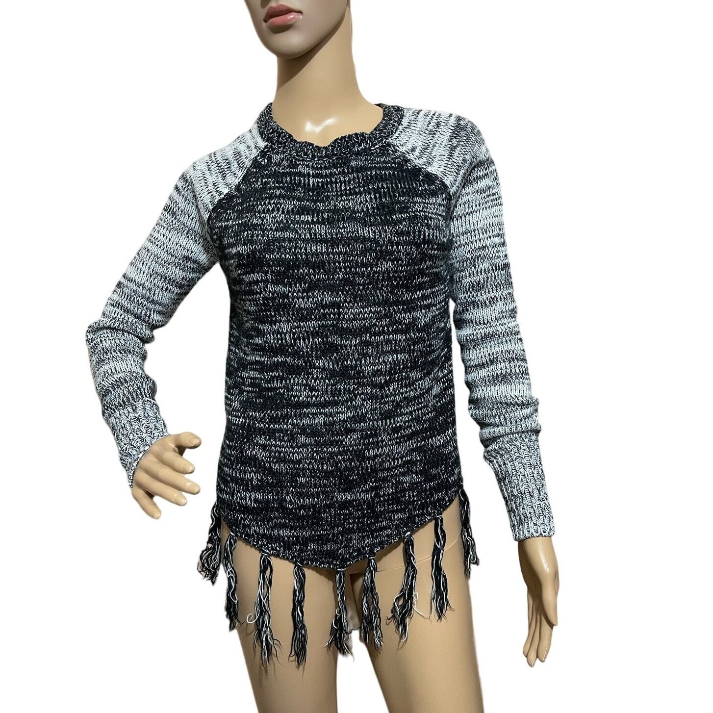 Hollister Women's Black & Gray Marled Knit Sweater with Fringe - Boho Style - XS
