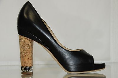 New Chanel Black Leather CC Logo Silver Chain Peep Toe Cork Heel