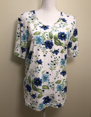 Women's Pullover Floral Knit Top, Size 16W, White Blue Green Floral, White Stag