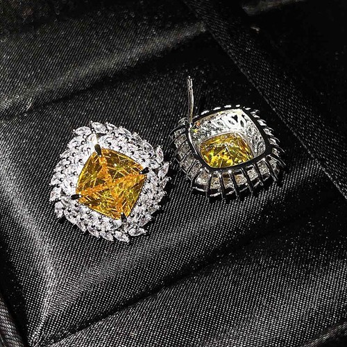 New Jewelry Set 3pc Square Gold Citrine Gems Women Silver Necklace Earring Ring - Bild 5 von 6