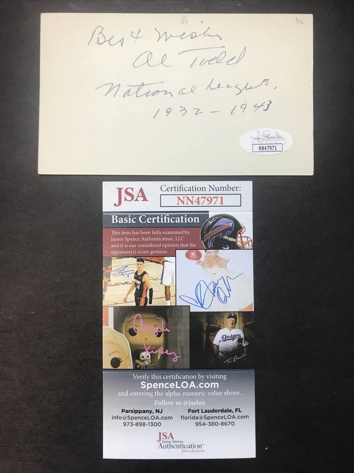 Alfred Al Todd Signed 3x5 Index Card Cubs and Dodgers JSA CERTIFIED Autograph - Image 2 of 4
