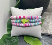 3 PC Set Heishi 7  Plus Stretch Bracelet Polymer Clay Beads Cross B3096