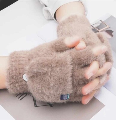 Thickened Fingerless Flip Gloves Female Mittens Winter Warm Plush Adorable 