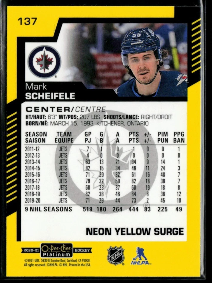 2020-21 O-Pee-Chee Platinum Neon Yellow Surge Mark Scheifele #137 - Image 2 of 2