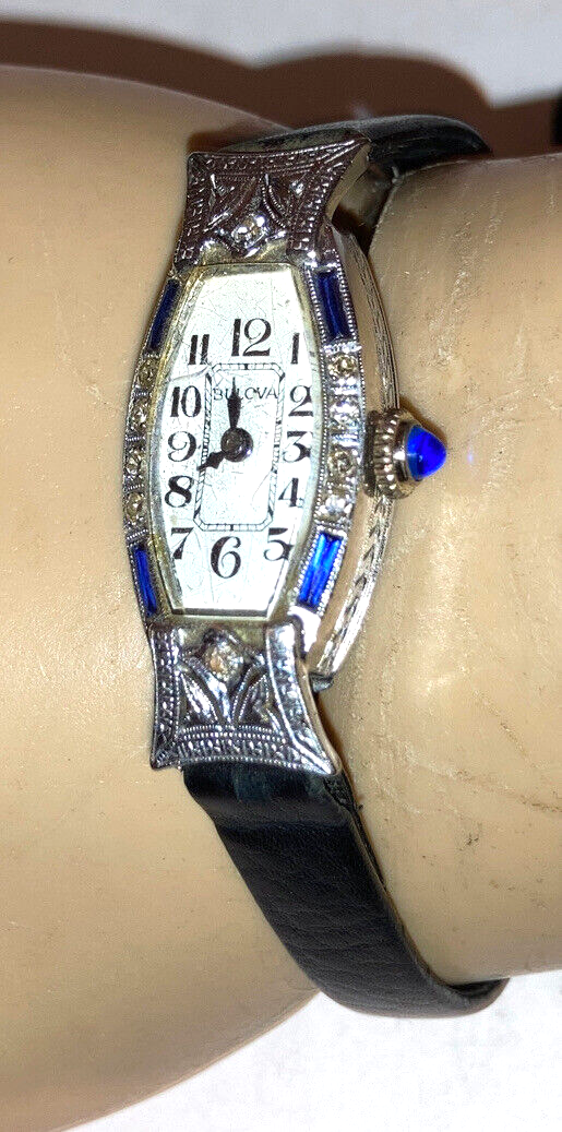 antique art deco Bulova 14k white gold diamonds sapphire 