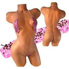 Holographic Pink Cheetah Micro Slingshot Bikini , Rave Festival Exotic Swimwear