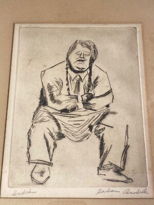 Signed Gordon Burdick Mid-Century Framed Etching ''INDIAN'' w/ Orig Auction Tag