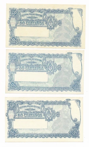 ARGENTINA 50 Centavos 1947 P. 256 Serie E aUnc / Unc; 3 Notes - Picture 2 of 2