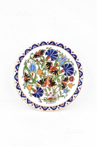Emaille Keramik Teller Griechenland Blumen und Schmetterlinge 19 cm