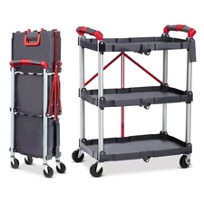 Portable Foldable Utility Service Cart, 3 Shelf Heavy Duty Plastic Rolling Cart