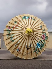 Vintage Japanese Paper Parasol Umbrella Hand Painted Wagasa 28  Dia Floral       