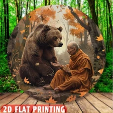 2D Flat, Vintage Bear and Mystic Forest Metal Wall Art - Round Aluminum Sign wit
