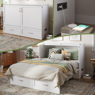 Hamilton Murphy Bed Chest with Mattress, Storage & Charger - White Finish