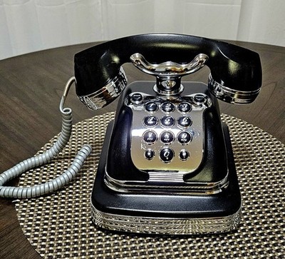 PF Products Retro Corded Push-Button Desk Telephone Black/Silver Redial Flash