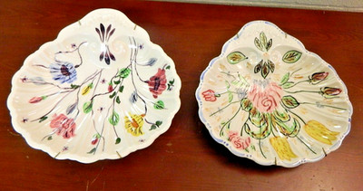 Pair (2) Southern  Blue Ridge Pottery Floral Shell Shaped Bon Bon Dishes - Nice!