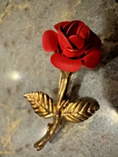 Vintage Red Rose Flower Brooch Gold Tone Stem Leaf Pin Romantic Floral Jewelry