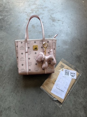 #ad MCM Monogram Small Tote Handbag Pink Handles Zip Gold Hardware Dog Charm $200.00