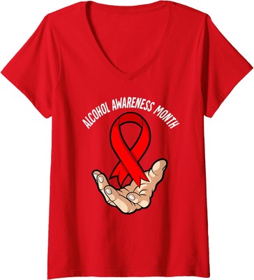 Alcohol Awareness Month Red Ribbon Present Support Ladies' V-Neck Tshirt