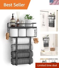 Wall Mounted Towel Rack Bathroom Storage Organizer with Shelf Black