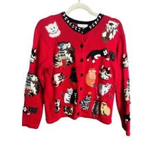 Vintage Susan Bristol Sweater Sz Petite S Red Cat Kitty Embroider Cardigan 1999