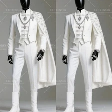 Luxury Men's White Suit with Cape Rhinestone Prom Party Jacket Evening 2Pcs