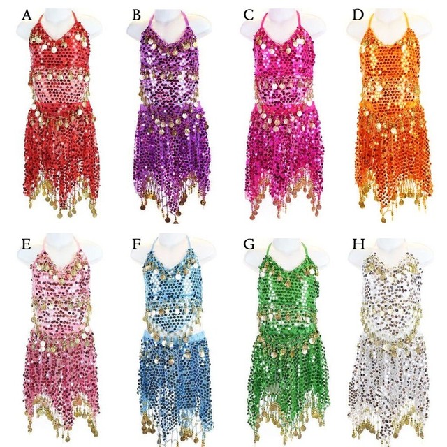 Girls Kids Belly Dance Costume Sparkly Circle Sequin Coins Top & Skirt 8 Colors Girls Kids Belly Dance Costume Sparkly Circle Sequin Coins Top & Skirt 8 Colors