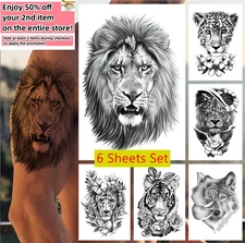 Set of 6 - Waterproof Temporary Tattoo Stickers Animal Tiger Wolf Arm & Body Art