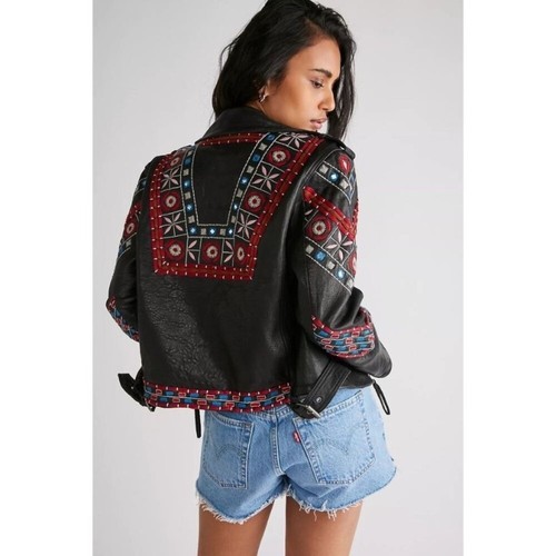 Chaqueta de moto de cuero Free People Mari bordada negra talla XS precio de venta sugerido por el fabricante 700 USD nueva con etiquetas - Imagen 1 de 16