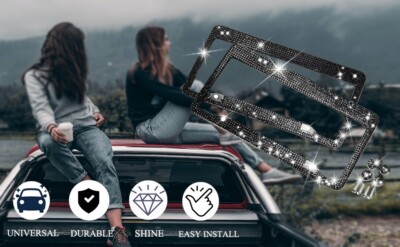 Black Metal Diamond Bling Glitter License Plate Frame Cover Crystal Rhinestone - Foto 9