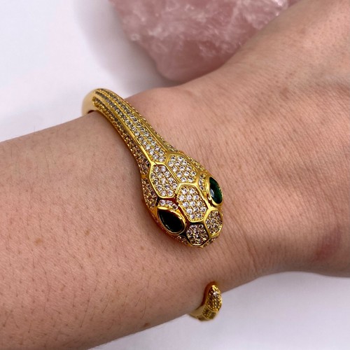 18K Gold Plated Luxury Cubic Zirconia Snake big green stone eye bracelet ring - 第 5/12 張圖片
