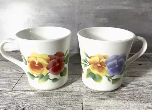 Corning Corelle Summer Blush Pansy Pansies Coffee Cups Tea Cups USA Set of 2