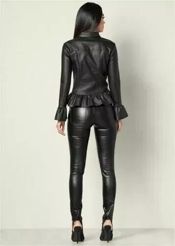 Leather Jacket Women Black Peplum Lambskin Biker Jacket Women - Picture 3 of 5