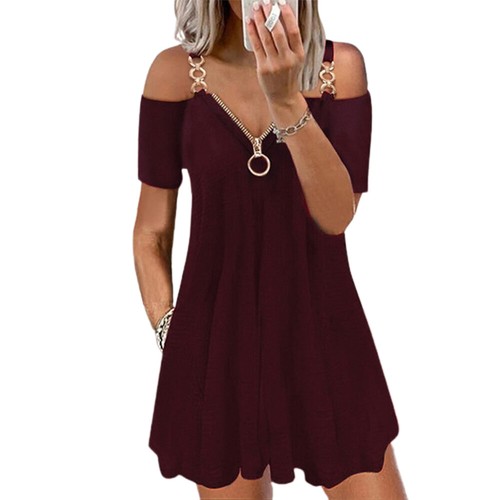 Damen V-Ausschnitt Cold Shoulder Minikleid Sommer Locker Swing Sommerkleid Übergröße - Bild 3 von 16
