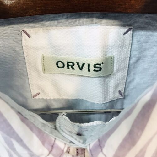 Camisa para mujer Orvis pequeña a rayas con botones púrpura blanco bolsillo manga larga - Imagen 2 de 9